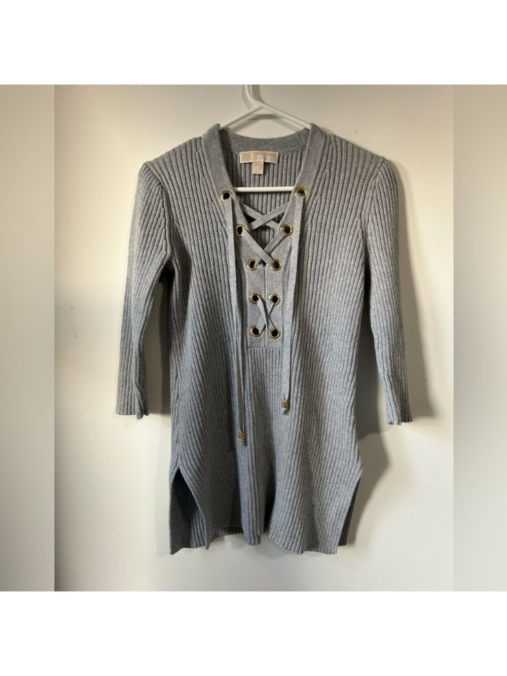 Michael Kors Lace Up Grey 3/4 Sleeve Ribbed Sweater